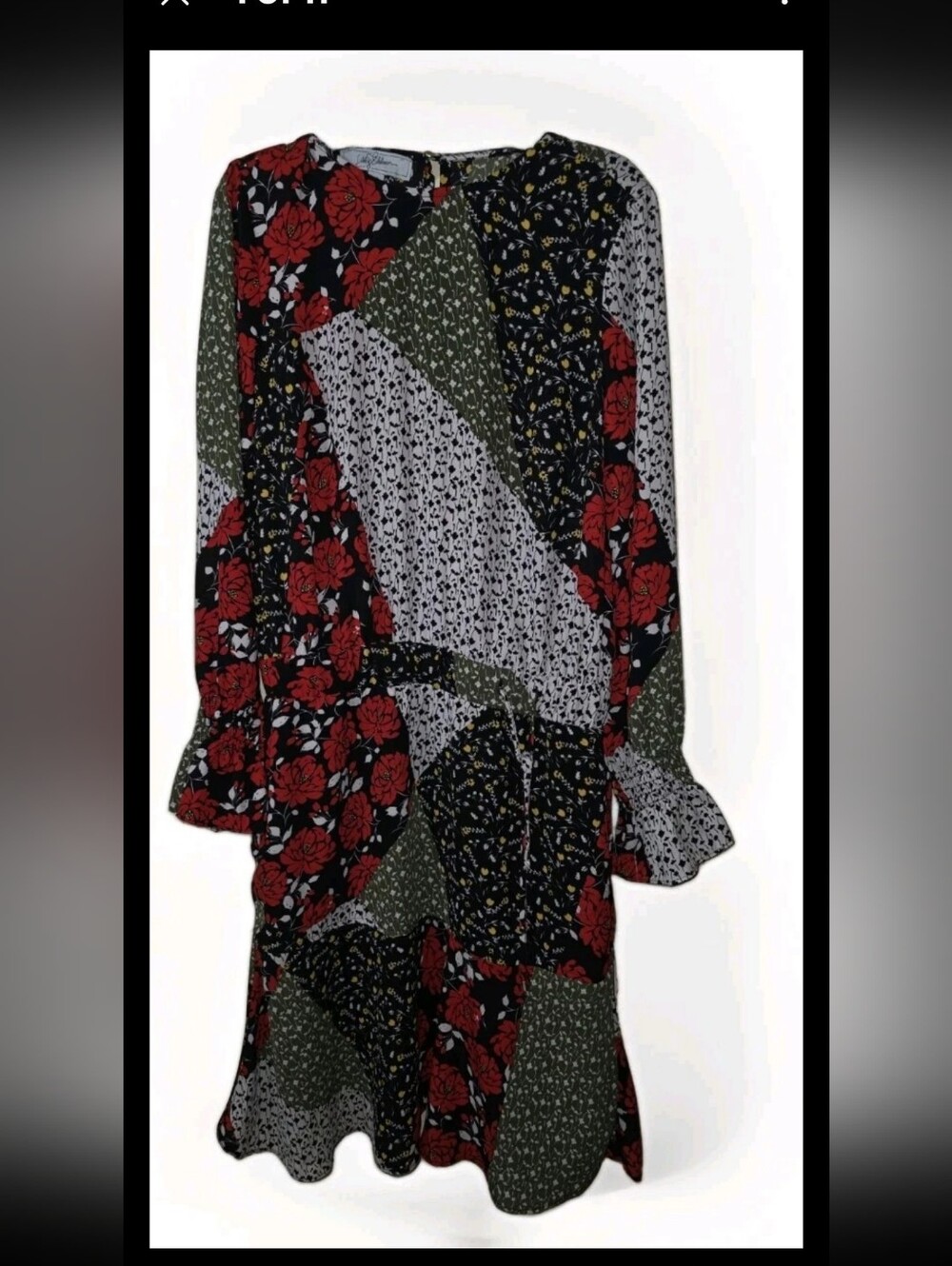 Libby. Edelman Patchwork Floral Long Sleeve Dress - Red/Green/Black Women's XS